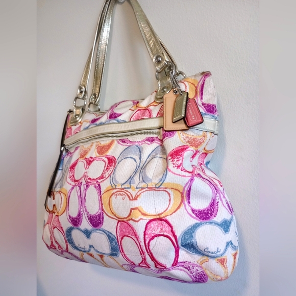 Coach Poppy Dream Multi Signature Optic Soulder Glam Tote Bag EUC - Picture 5 of 15